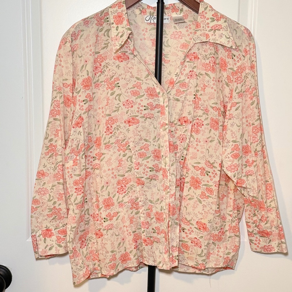 Dressbarn Floral Button Down Shirt XL Pink Green Cotton Sequin Boho Cottage